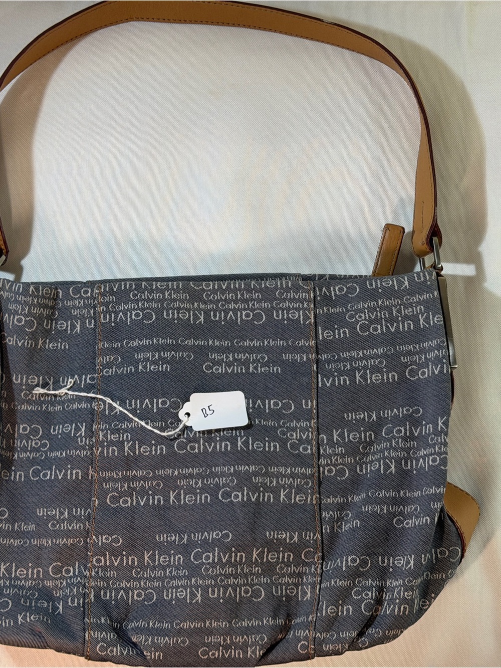 Calvin Klein Gray Logo Messenger Bag with Tan Strap